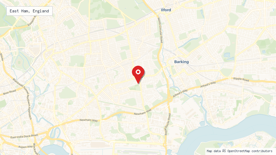 Street map of East Ham, England with location pin