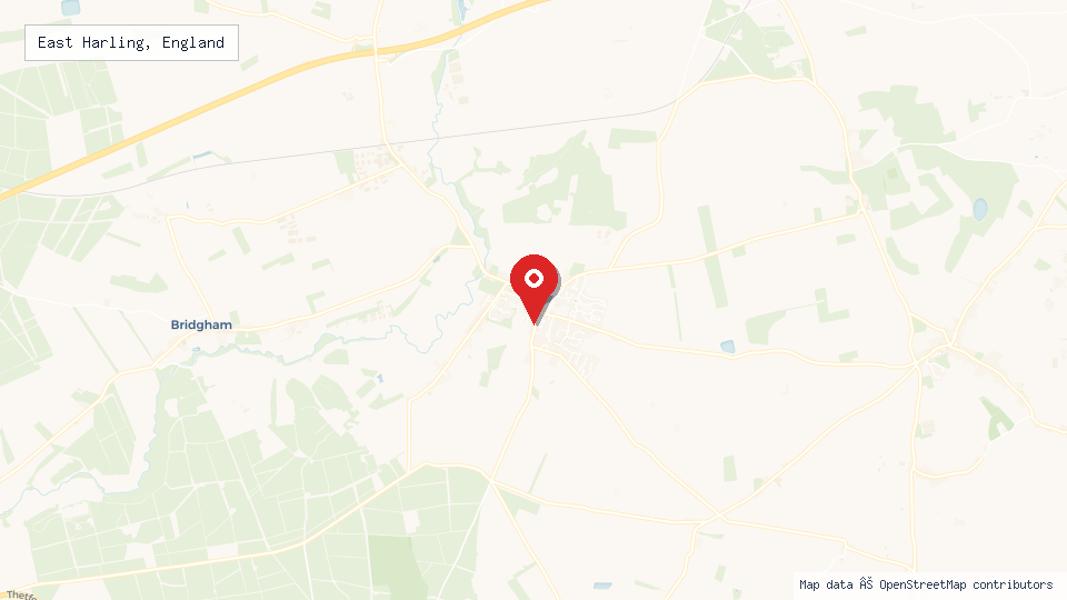 Street map of East Harling, England with location pin