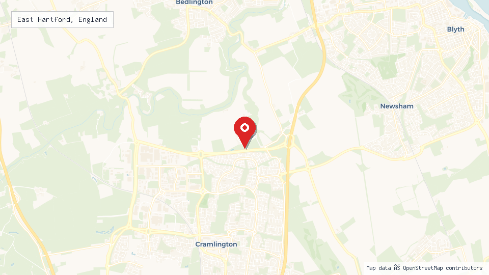 Street map of East Hartford, England with location pin