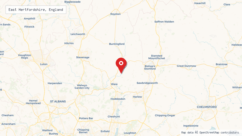 Street map of East Hertfordshire, England with location pin