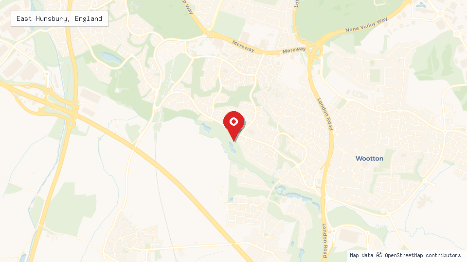 Street map of East Hunsbury, England with location pin