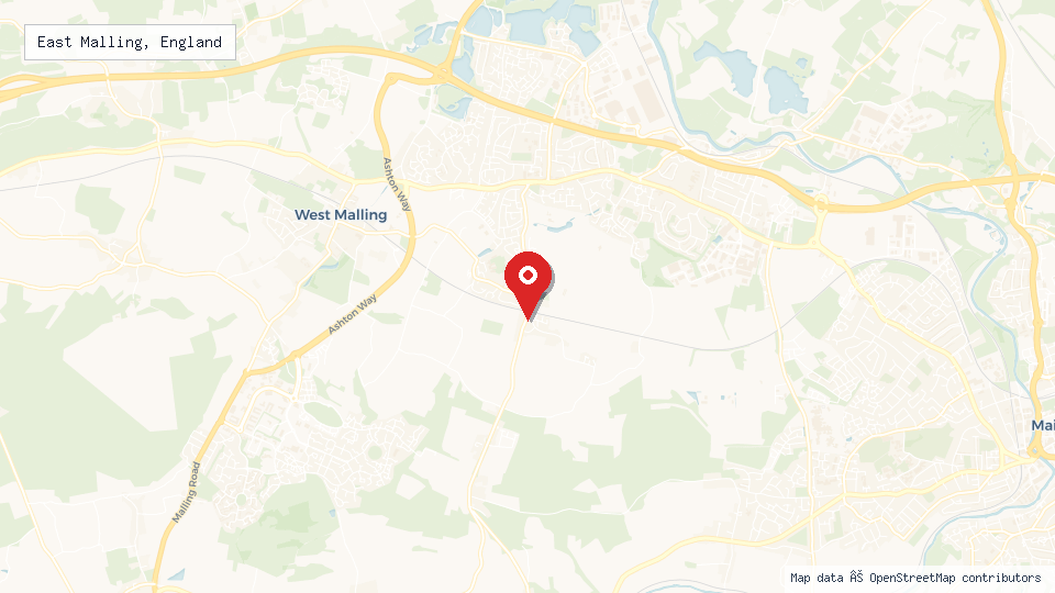 Street map of East Malling, England with location pin