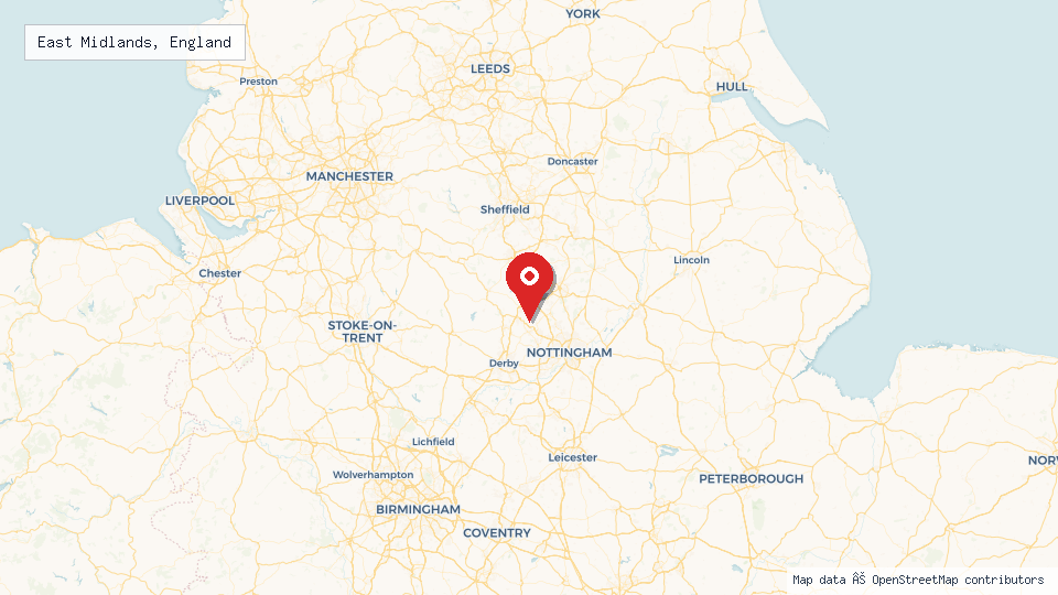 Street map of East Midlands, England with location pin