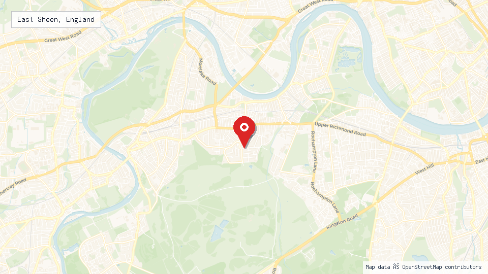 Street map of East Sheen, England with location pin