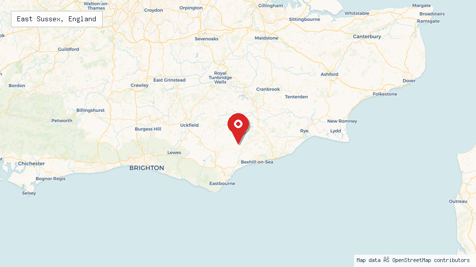 Street map of East Sussex, England with location pin
