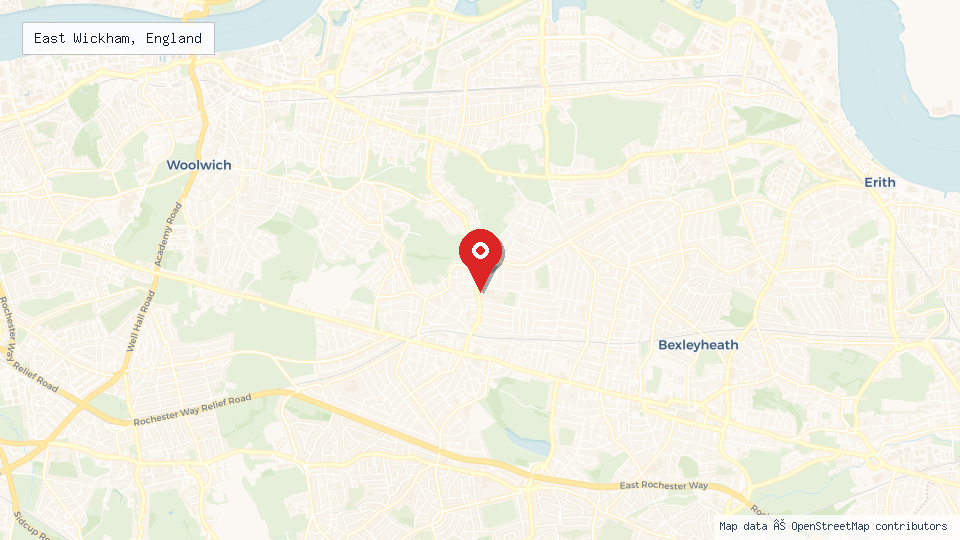 Street map of East Wickham, England with location pin