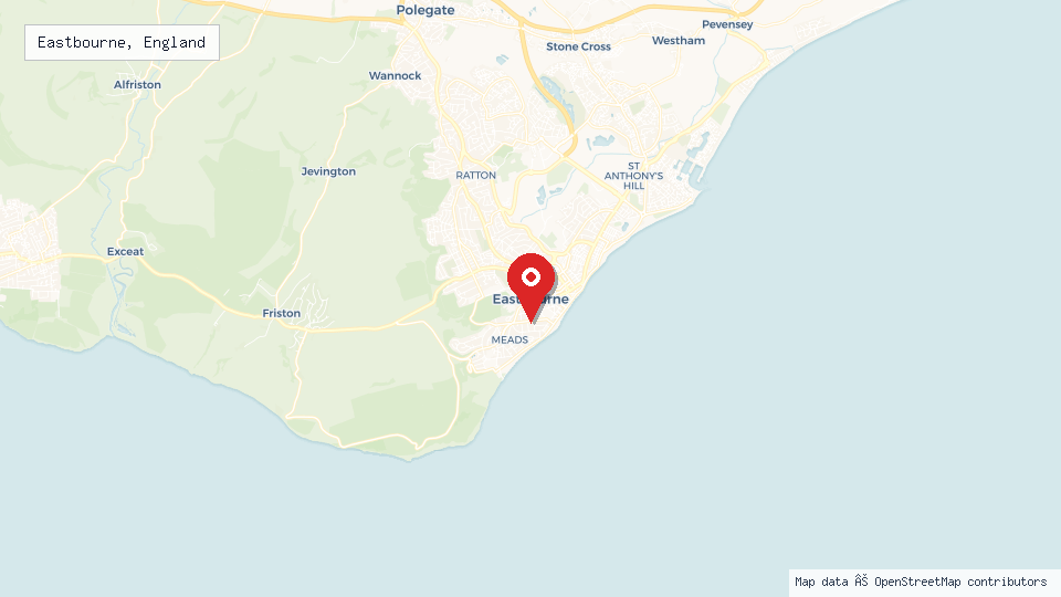 Street map of Eastbourne, England with location pin