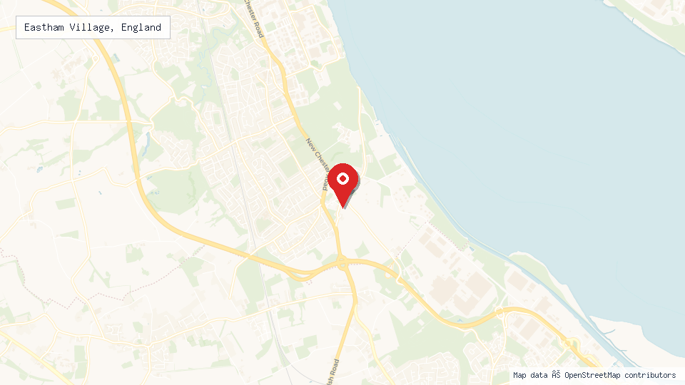 Street map of Eastham Village, England with location pin