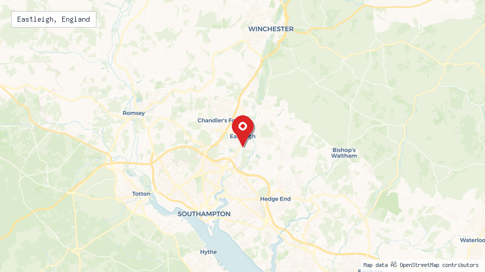 Street map of Eastleigh, England with location pin