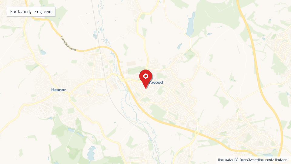 Street map of Eastwood, England with location pin