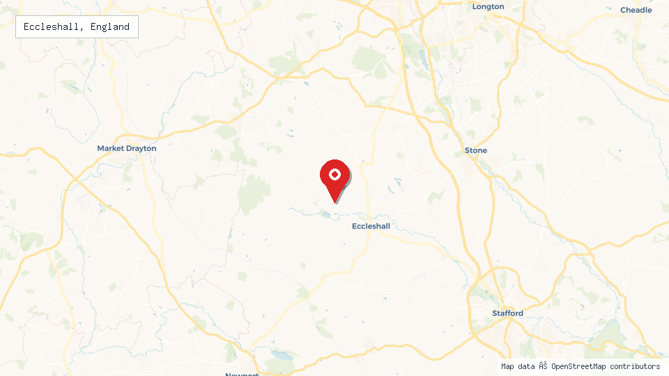 Street map of Eccleshall, England with location pin
