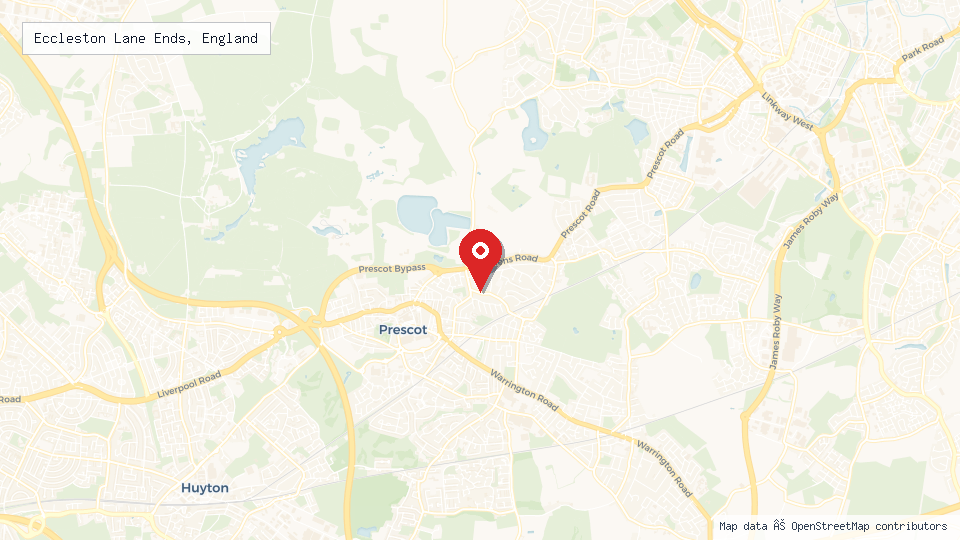Street map of Eccleston Lane Ends, England with location pin