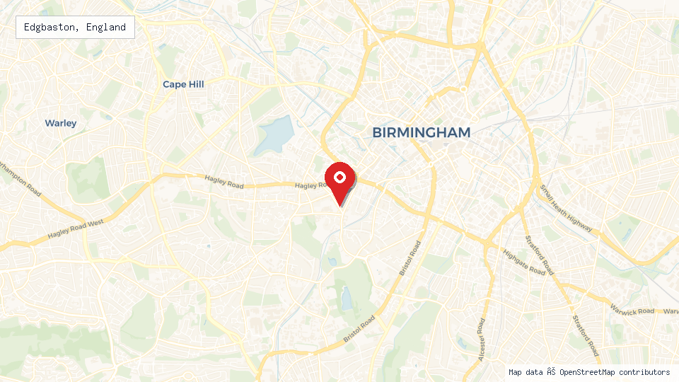 Street map of Edgbaston, England with location pin