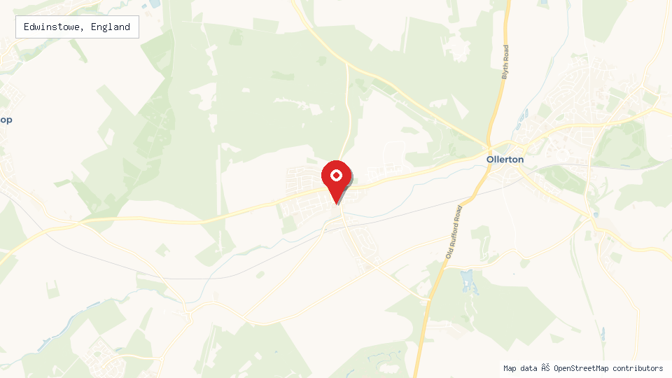 Street map of Edwinstowe, England with location pin