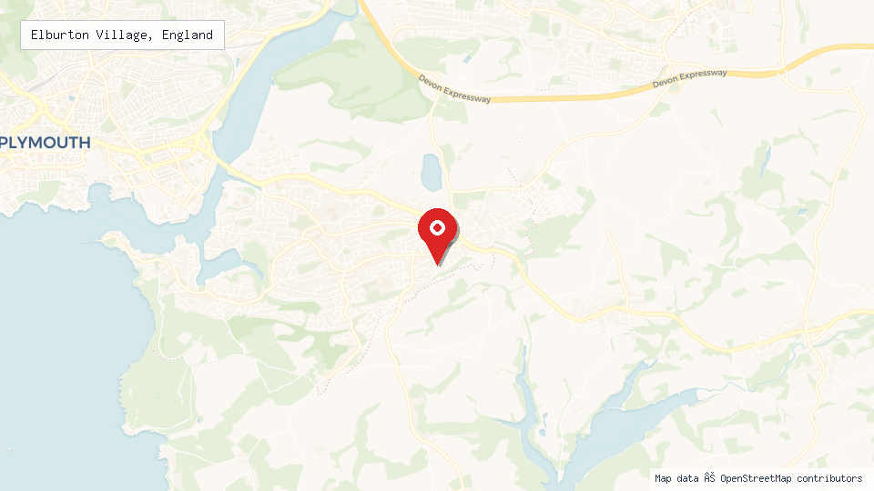 Street map of Elburton Village, England with location pin
