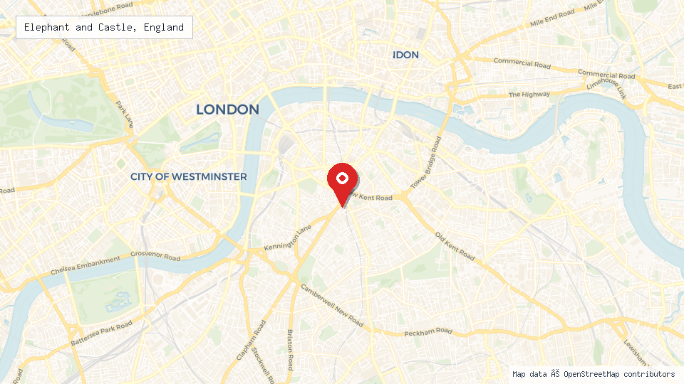 Street map of Elephant and Castle, England with location pin