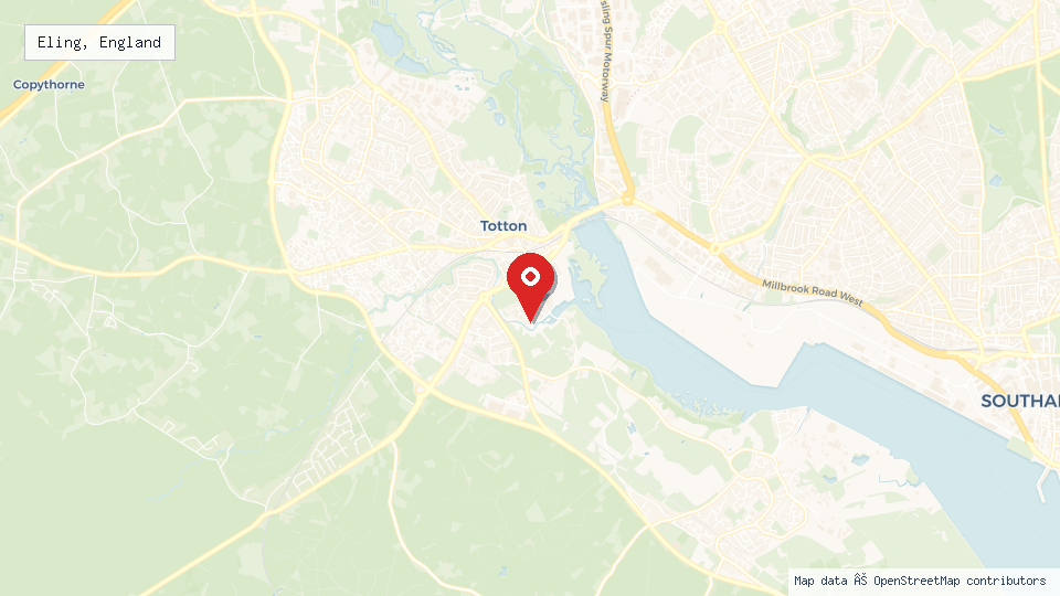 Street map of Eling, England with location pin