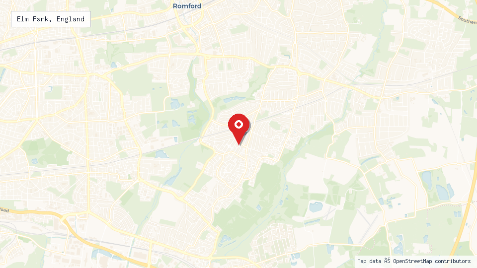 Street map of Elm Park, England with location pin