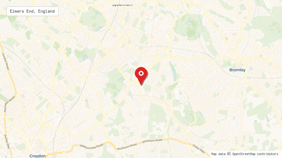 Street map of Elmers End, England with location pin