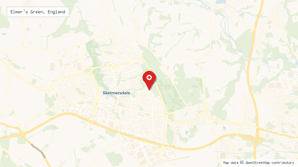 Street map of Elmer's Green, England with location pin