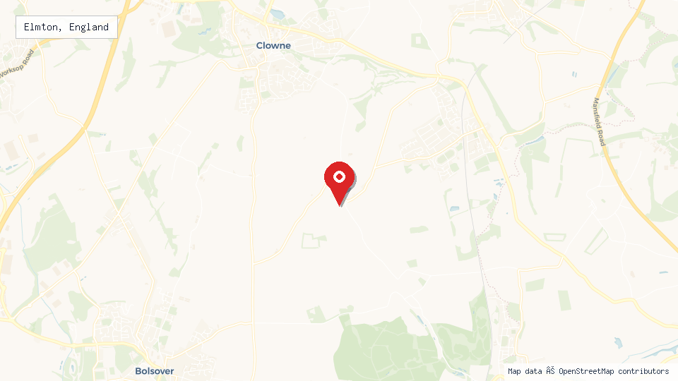 Street map of Elmton, England with location pin