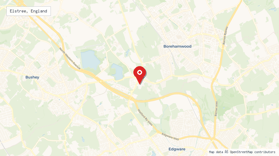 Street map of Elstree, England with location pin