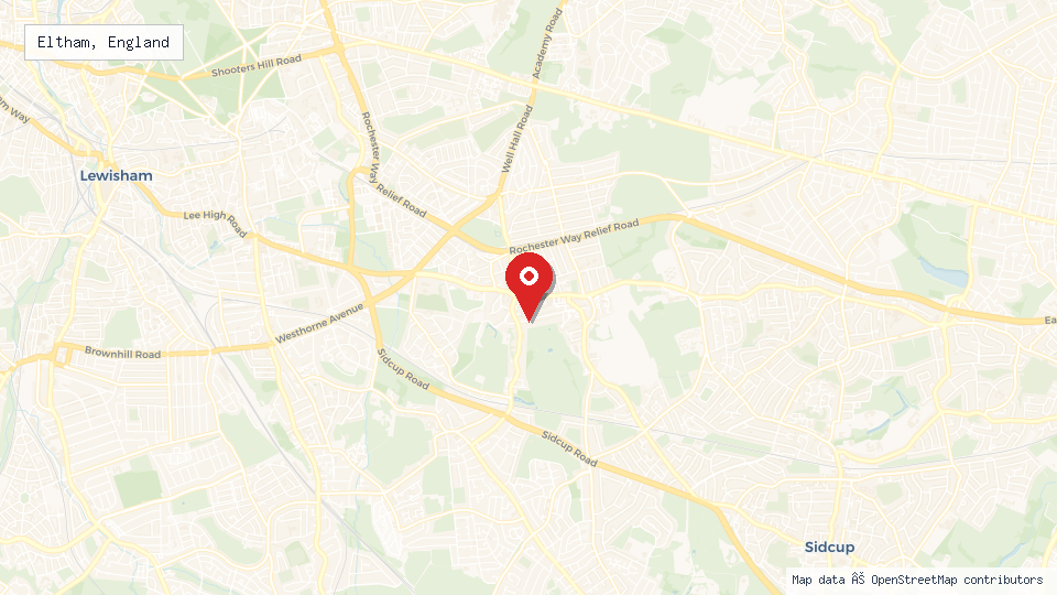 Street map of Eltham, England with location pin