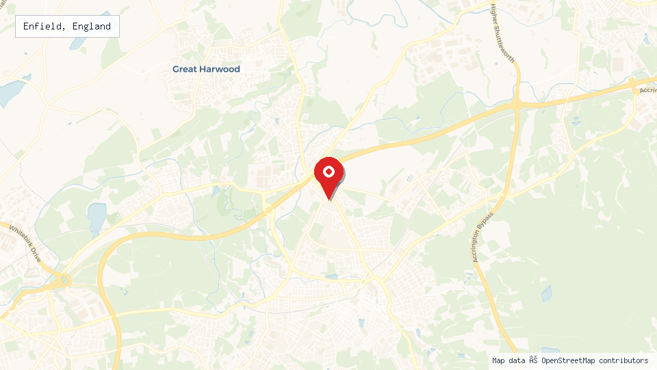 Street map of Enfield, England with location pin