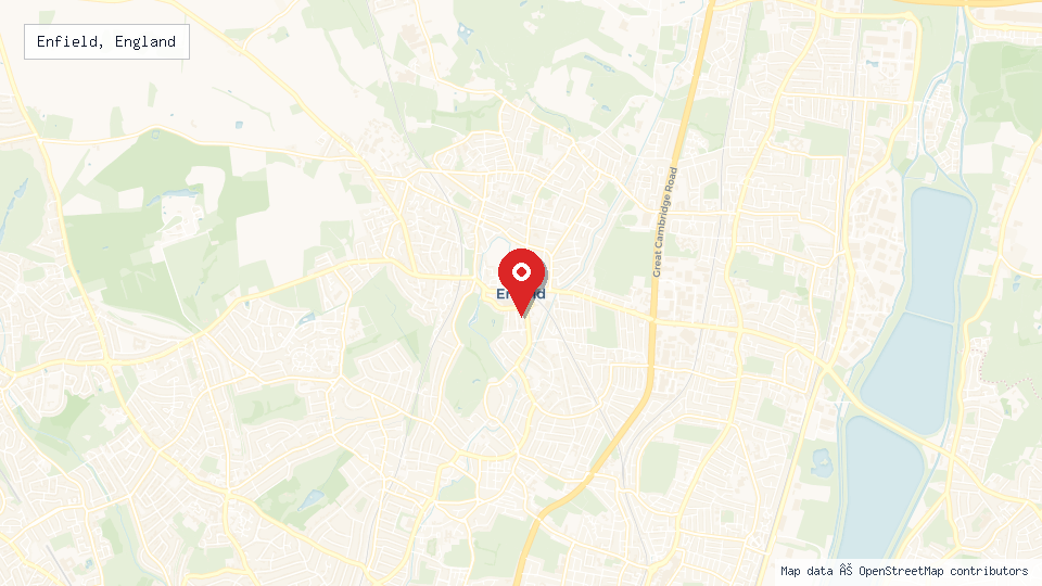 Street map of Enfield, England with location pin