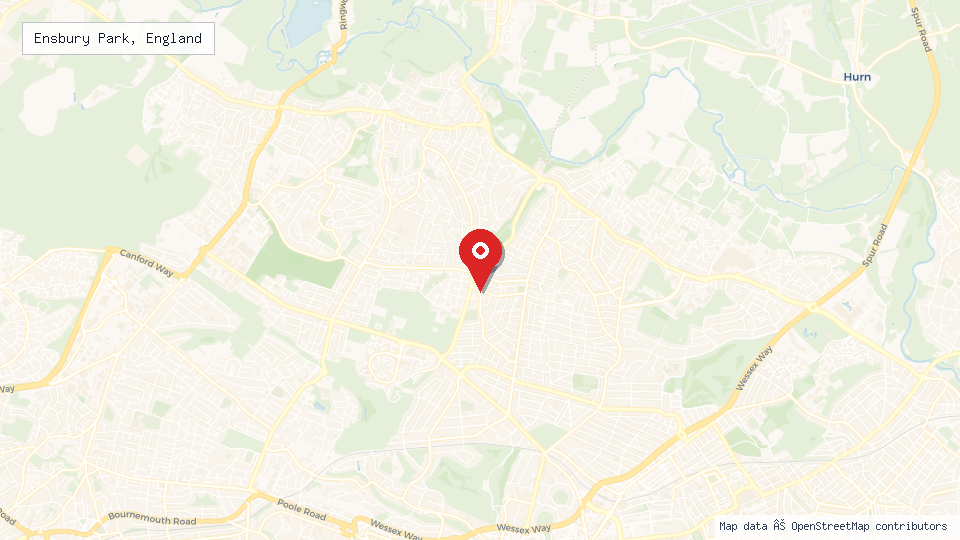 Street map of Ensbury Park, England with location pin