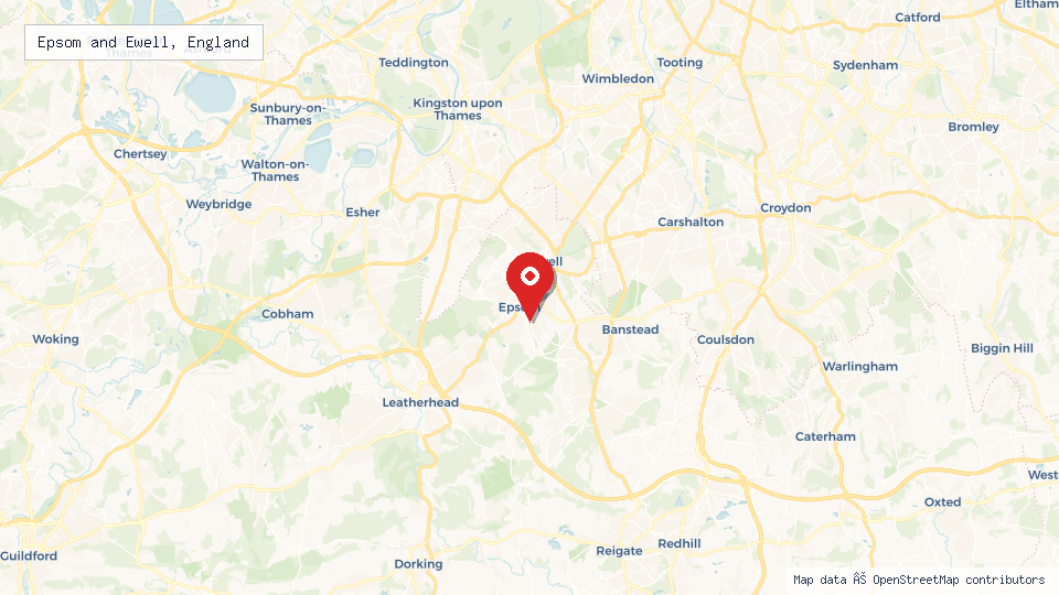 Street map of Epsom and Ewell, England with location pin