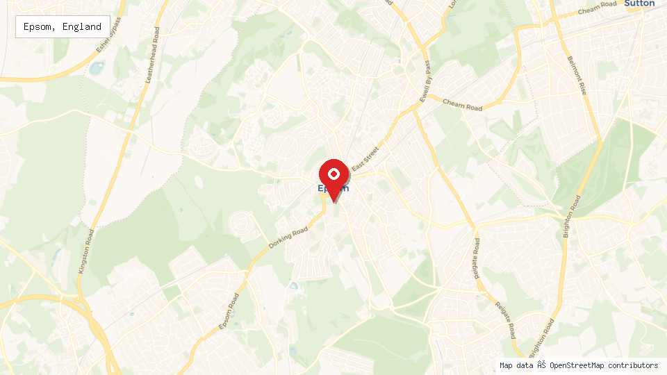 Street map of Epsom, England with location pin