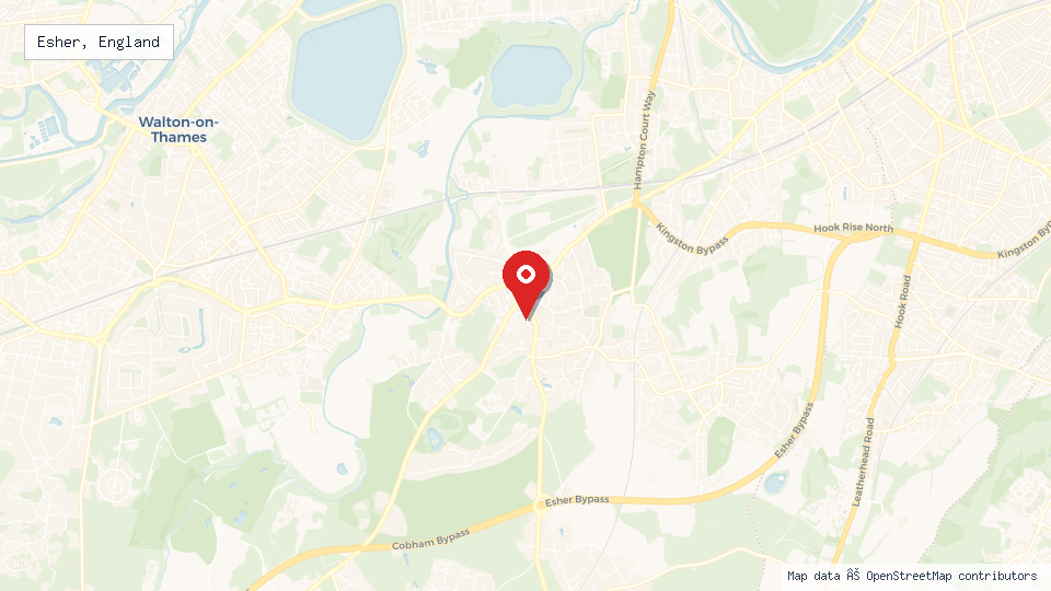 Street map of Esher, England with location pin