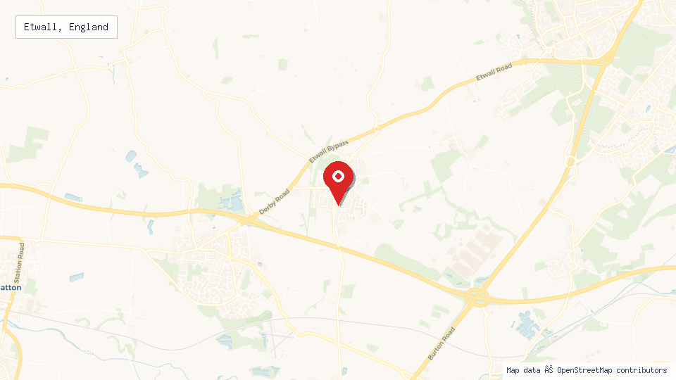 Street map of Etwall, England with location pin
