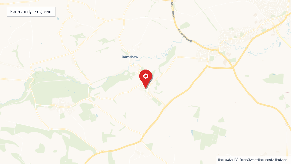 Street map of Evenwood, England with location pin