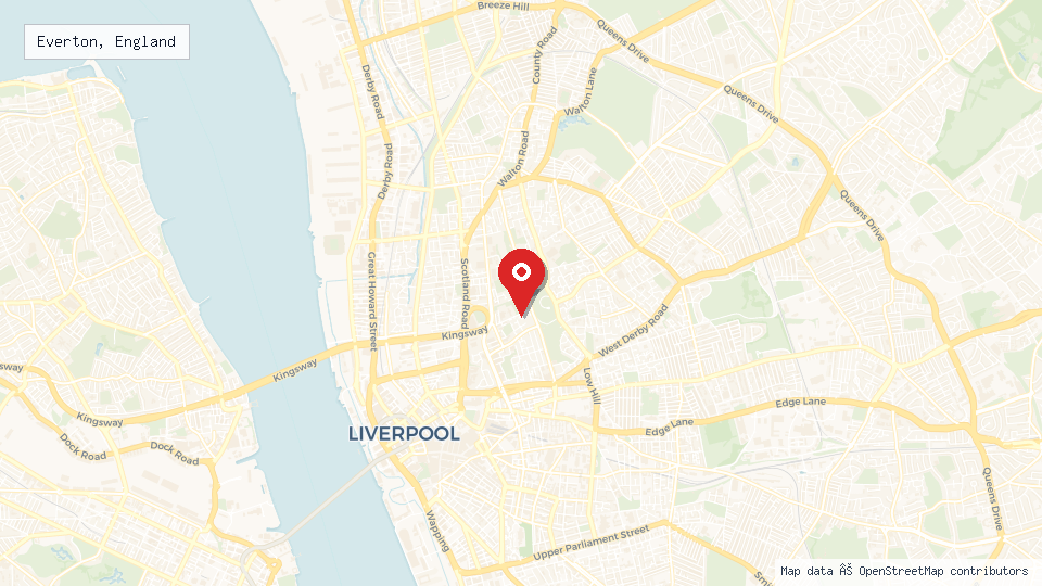 Street map of Everton, England with location pin