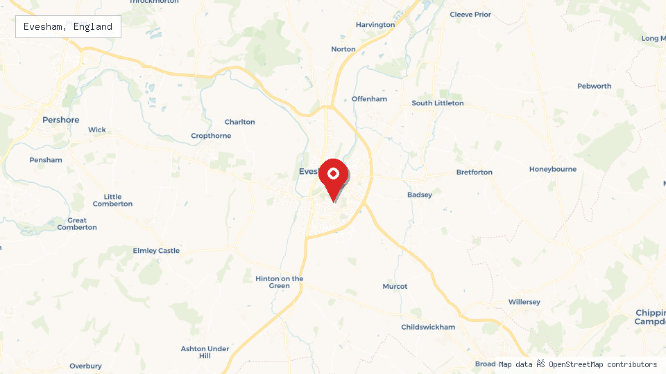 Street map of Evesham, England with location pin