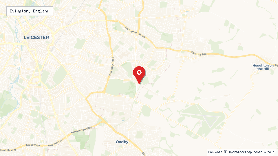 Street map of Evington, England with location pin