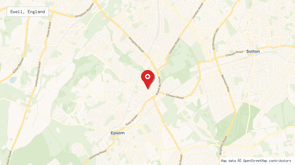 Street map of Ewell, England with location pin
