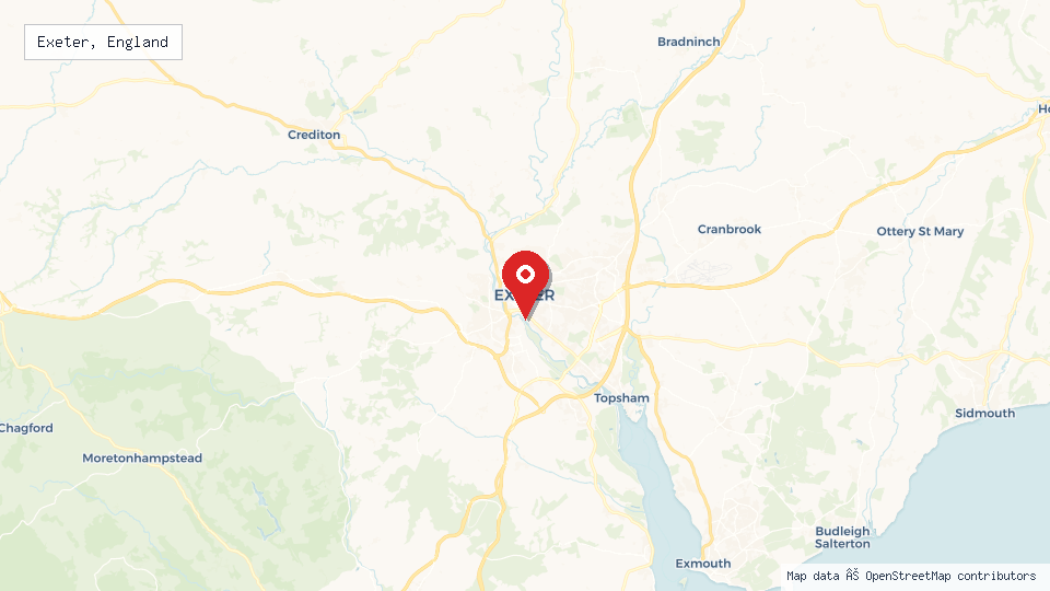 Street map of Exeter, England with location pin