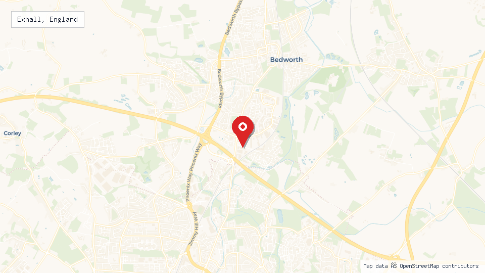 Street map of Exhall, England with location pin
