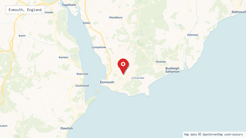 Street map of Exmouth, England with location pin