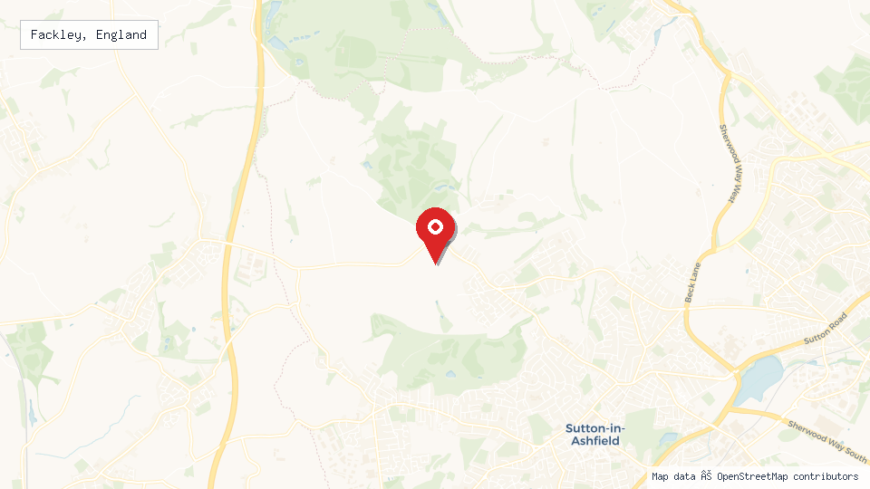 Street map of Fackley, England with location pin