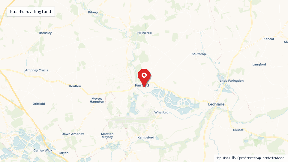 Street map of Fairford, England with location pin