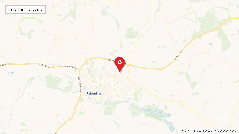 Street map of Fakenham, England with location pin