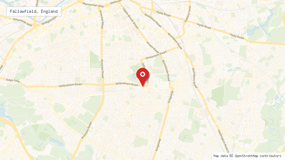 Street map of Fallowfield, England with location pin