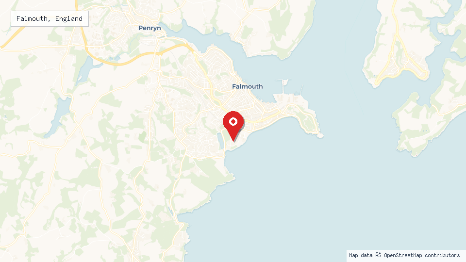 Street map of Falmouth, England with location pin