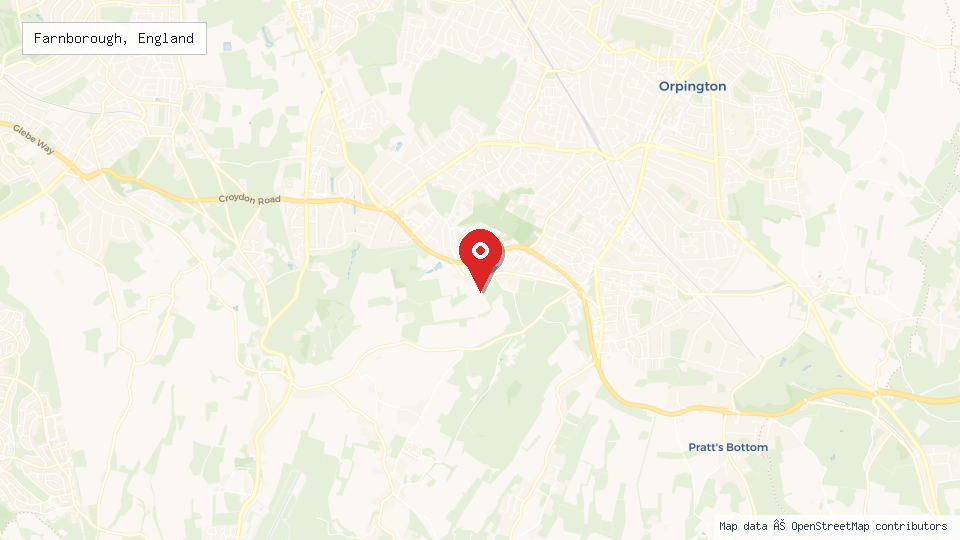 Street map of Farnborough, England with location pin