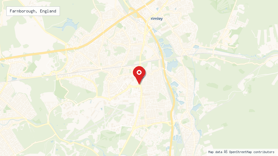 Street map of Farnborough, England with location pin