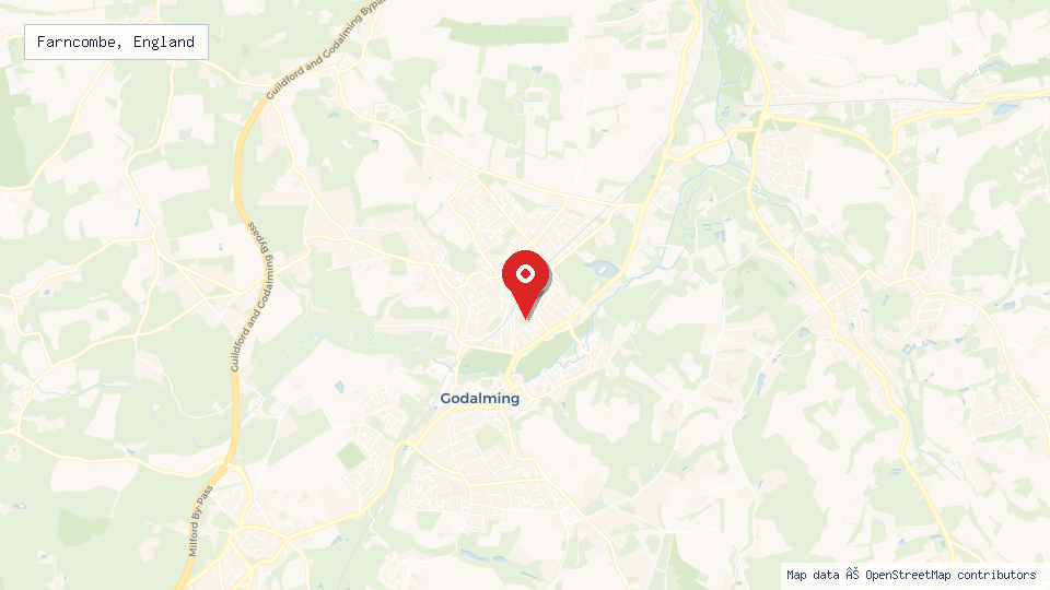 Street map of Farncombe, England with location pin